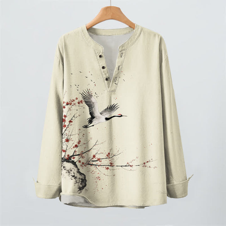 Buddha Stones Cotton Ink Crane Blossom Pattern V-Neck Buttons Men's Long Sleeve Shirts - image 2