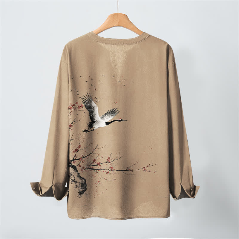 Buddha Stones Cotton Ink Crane Blossom Pattern V-Neck Buttons Men's Long Sleeve Shirts - image 10