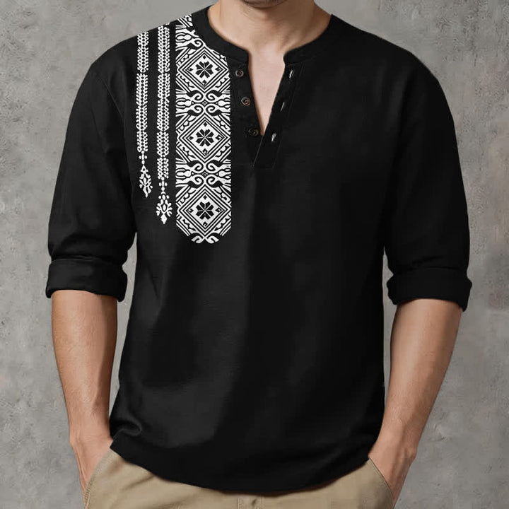 Buddha Stones Cotton Tribal Square Geometric Pattern V-Neck Buttons Men's Long Sleeve Shirts - image 1