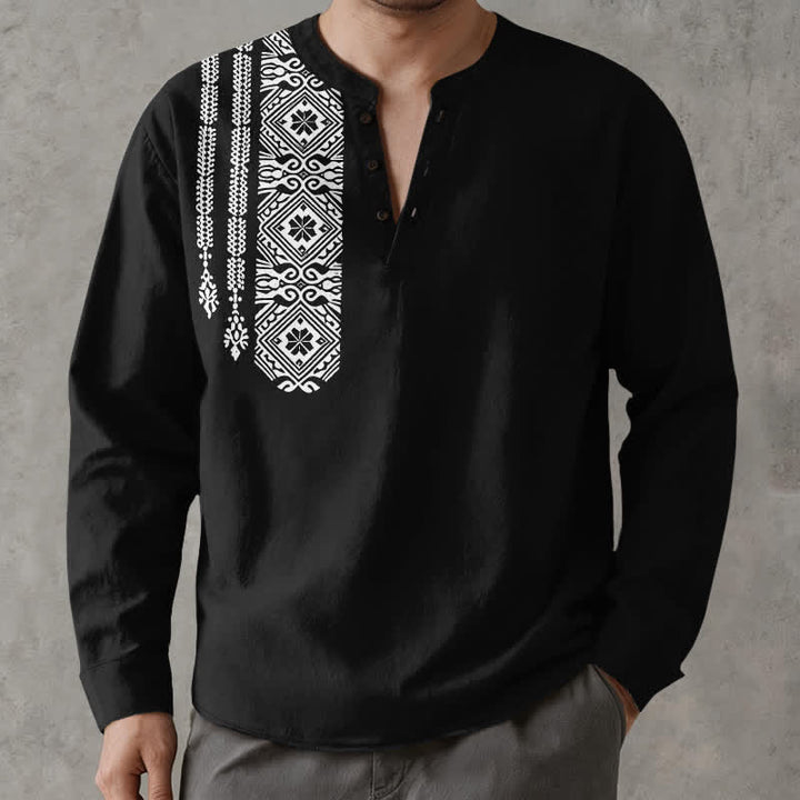 Buddha Stones Cotton Tribal Square Geometric Pattern V-Neck Buttons Men's Long Sleeve Shirts - Black - US/UK/AU48，EU58 (4XL) - image 0