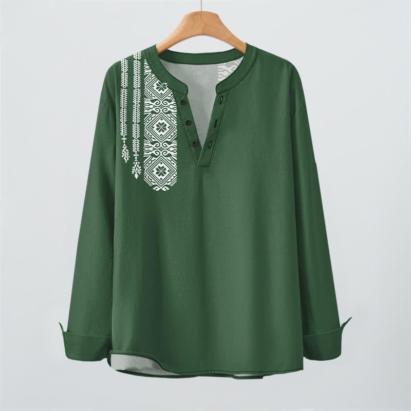 Buddha Stones Cotton Tribal Square Geometric Pattern V-Neck Buttons Men's Long Sleeve Shirts - image 16