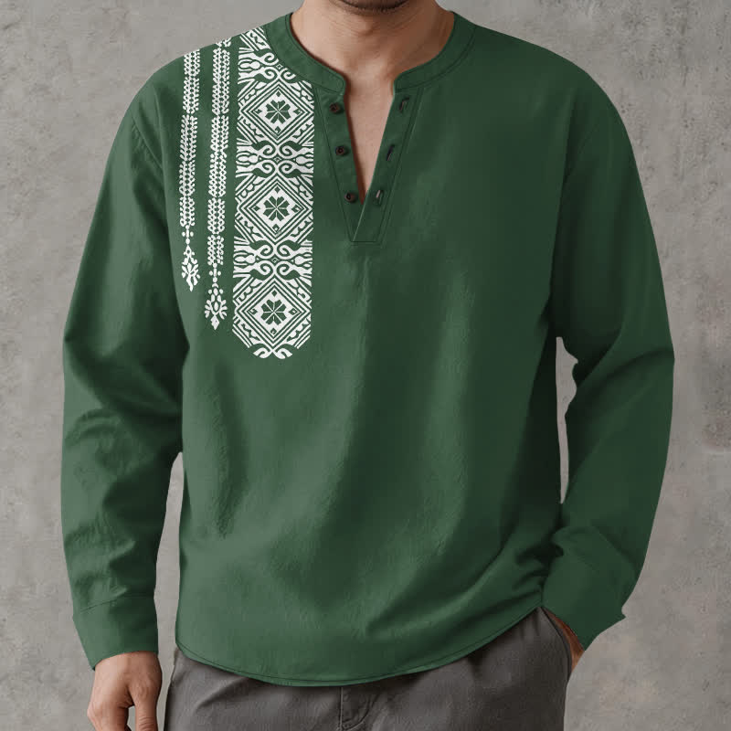 Buddha Stones Cotton Tribal Square Geometric Pattern V-Neck Buttons Men's Long Sleeve Shirts - ForestGreen - US/UK/AU48，EU58 (4XL) - image 14