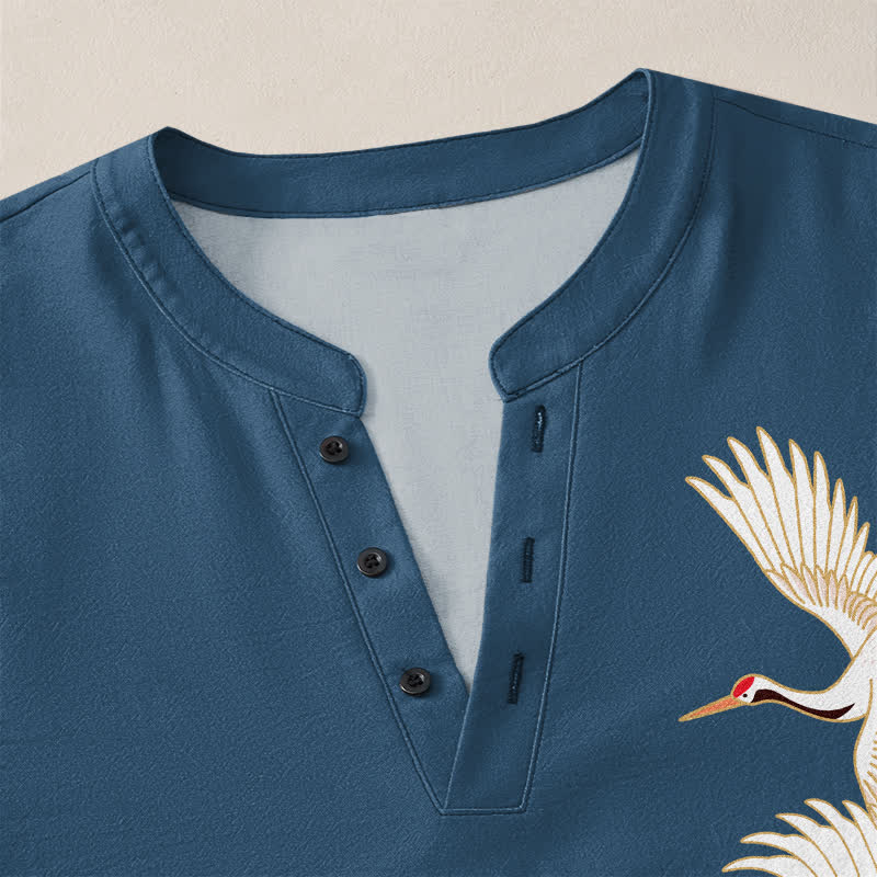 Buddha Stones Cotton Crane Lotus Pattern V-Neck Buttons Men's Long Sleeve Shirts - image 4