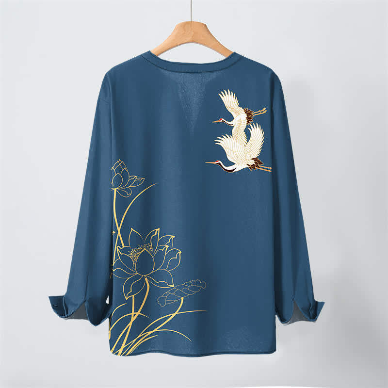 Buddha Stones Cotton Crane Lotus Pattern V-Neck Buttons Men's Long Sleeve Shirts - image 3