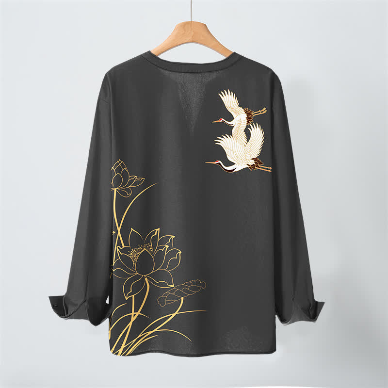 Buddha Stones Cotton Crane Lotus Pattern V-Neck Buttons Men's Long Sleeve Shirts - image 10
