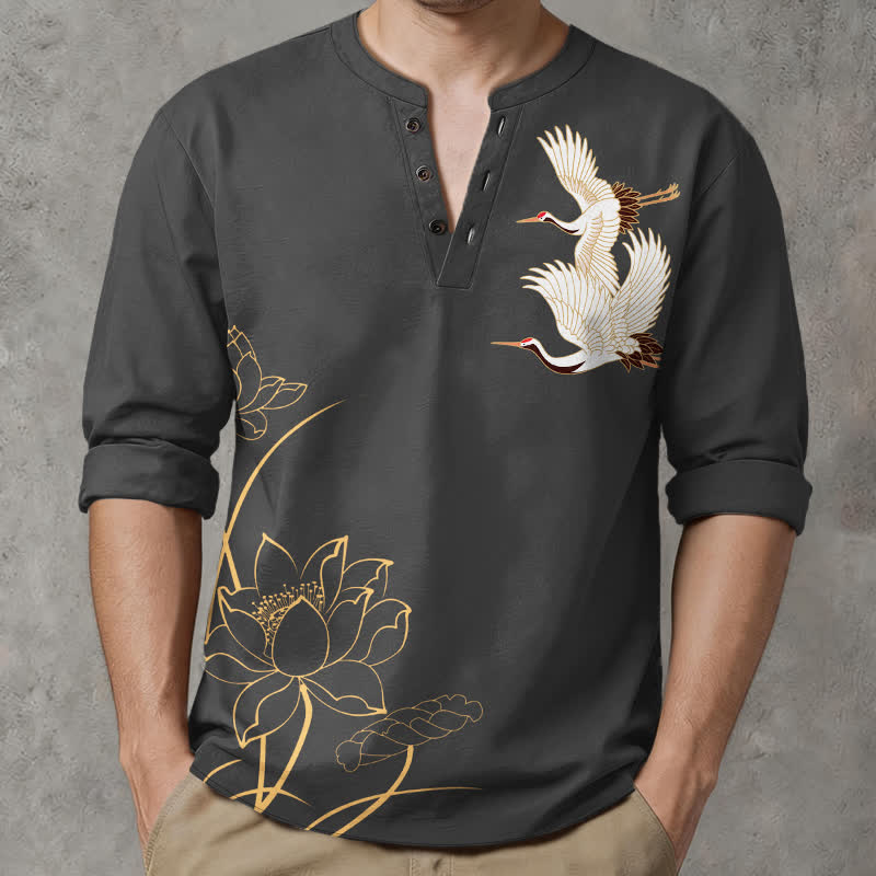 Buddha Stones Cotton Crane Lotus Pattern V-Neck Buttons Men's Long Sleeve Shirts - image 8