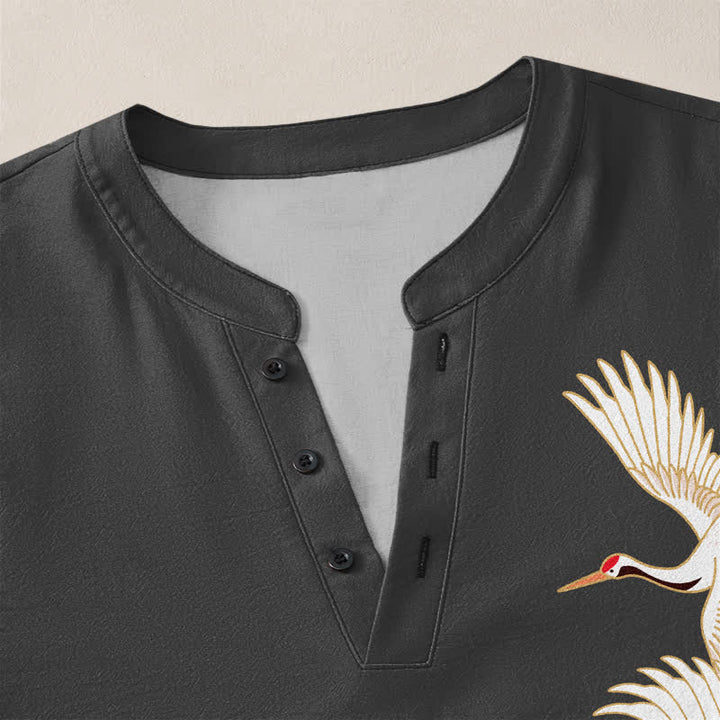 Buddha Stones Cotton Crane Lotus Pattern V-Neck Buttons Men's Long Sleeve Shirts - image 11