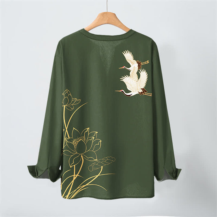 Buddha Stones Cotton Crane Lotus Pattern V-Neck Buttons Men's Long Sleeve Shirts - image 17