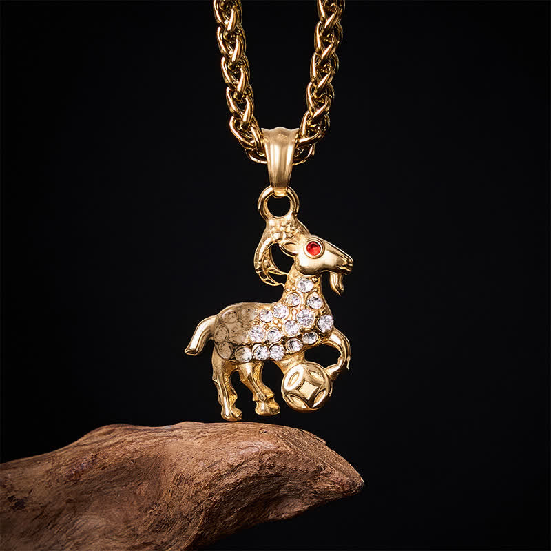 Buddha Stones Titanium Steel Chinese Zodiac Goat Prosperity Pendant Necklace - image 1