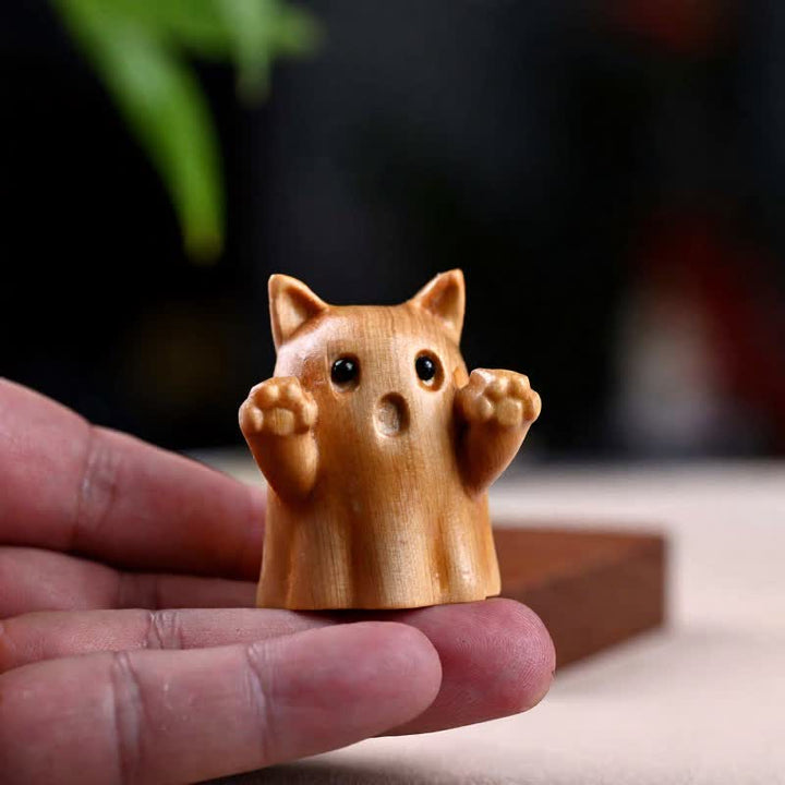 Buddha Stones Pine Wood Carved Winking Cat Healing Cute Animal Decor - image 4