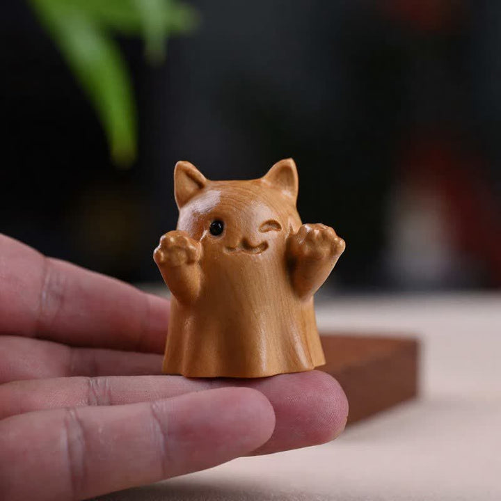 Buddha Stones Pine Wood Carved Winking Cat Healing Cute Animal Decor - image 2