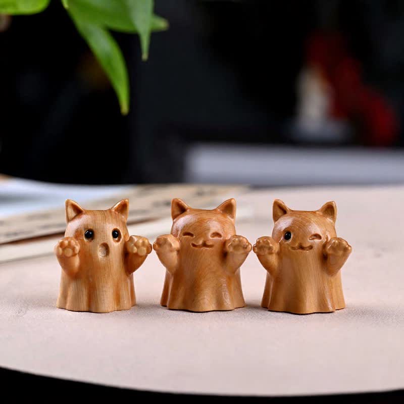 Buddha Stones Pine Wood Carved Winking Cat Healing Cute Animal Decor - image 7