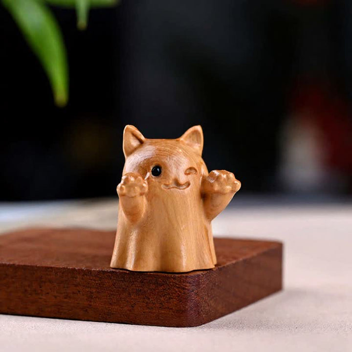 Buddha Stones Pine Wood Carved Winking Cat Healing Cute Animal Decor - Blink Approx. 5 cm - image 1