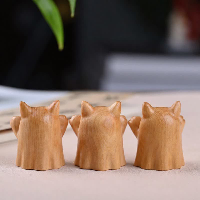 Buddha Stones Pine Wood Carved Winking Cat Healing Cute Animal Decor - image 9