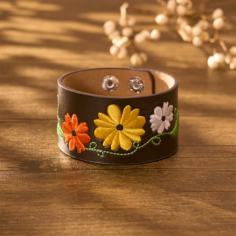 Buddha Stones Leather Hand-Woven Floral Embroidered Protection Bracelet - image 3