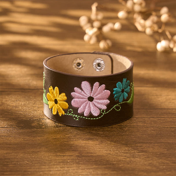 Buddha Stones Leather Hand-Woven Floral Embroidered Protection Bracelet - image 9
