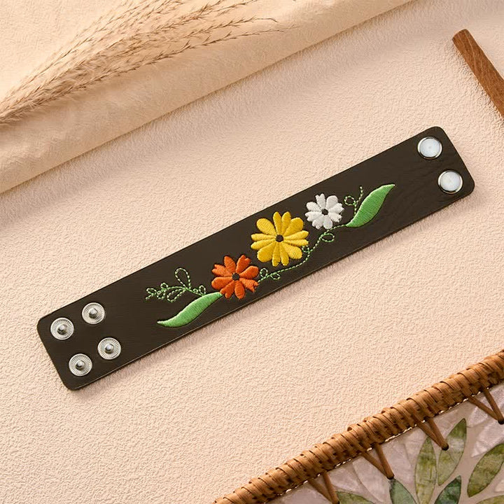 Buddha Stones Leather Hand-Woven Floral Embroidered Protection Bracelet - image 5