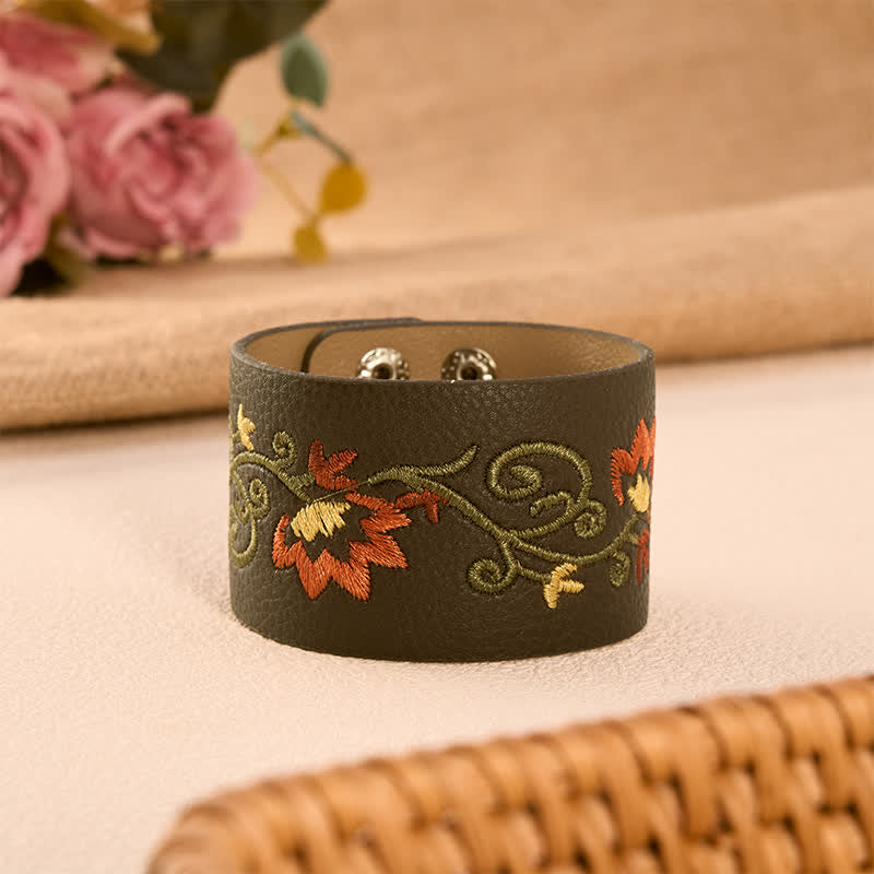Buddha Stones Protection Leather Floral Embroidered Adjustable Buckle Bracelet - Brown(Wrist Circumference: Approx. 5.9–6.7 in / 15–17 cm) - image 0