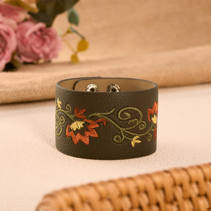 Buddha Stones Protection Leather Floral Embroidered Adjustable Buckle Bracelet - Brown(Wrist Circumference: Approx. 5.9–6.7 in / 15–17 cm) - image 0