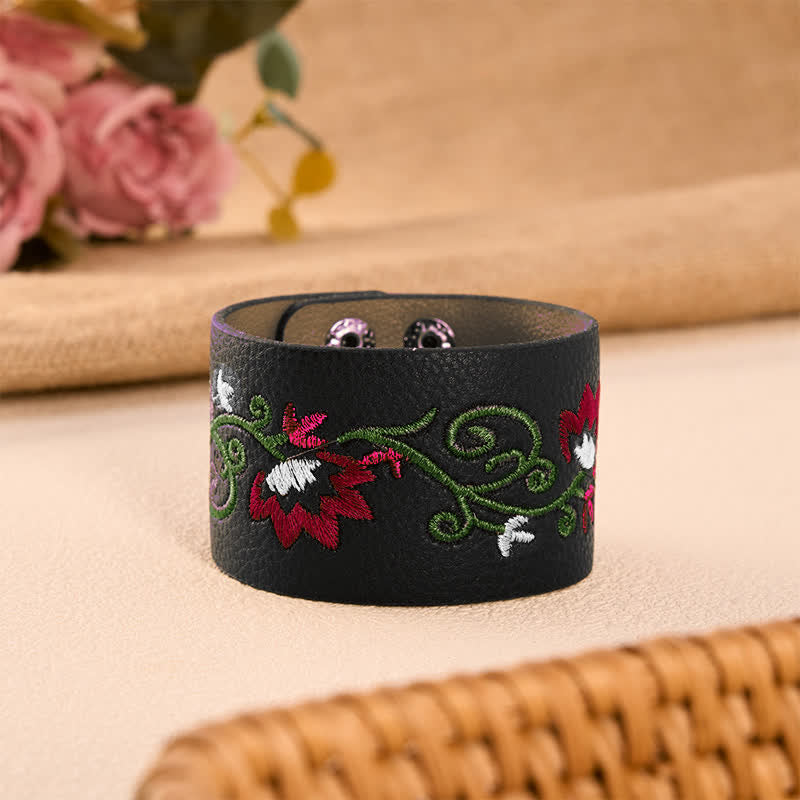 Buddha Stones Protection Leather Floral Embroidered Adjustable Buckle Bracelet - Black(Wrist Circumference: Approx. 5.9–6.7 in / 15–17 cm) - image 8