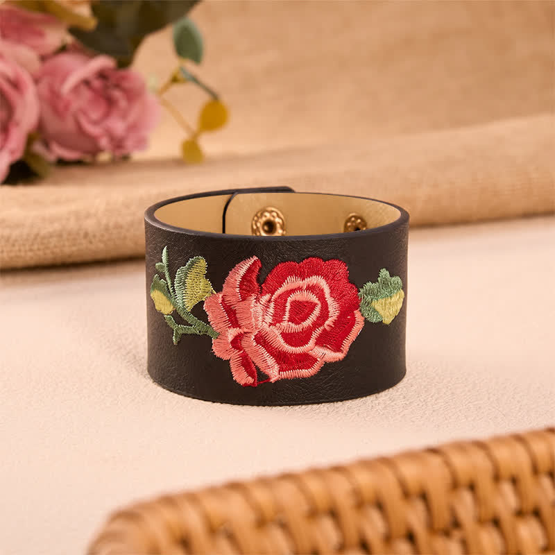 Buddha Stones Leather Embroidered Rose Wide Protection Buckle Bracelet - Black(Wrist Circumference: Approx. 5.9–7.1 in / 15–18 cm) - image 0