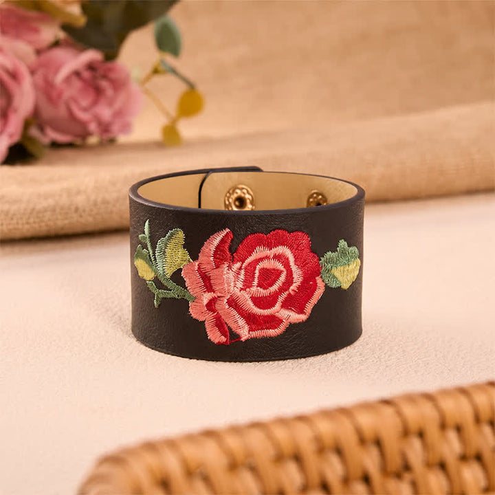 Buddha Stones Leather Embroidered Rose Wide Protection Buckle Bracelet - Black(Wrist Circumference: Approx. 5.9–7.1 in / 15–18 cm) - image 0