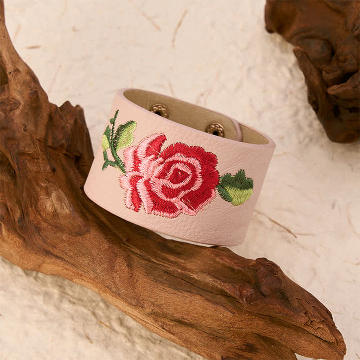 Buddha Stones Leather Embroidered Rose Wide Protection Buckle Bracelet - image 10