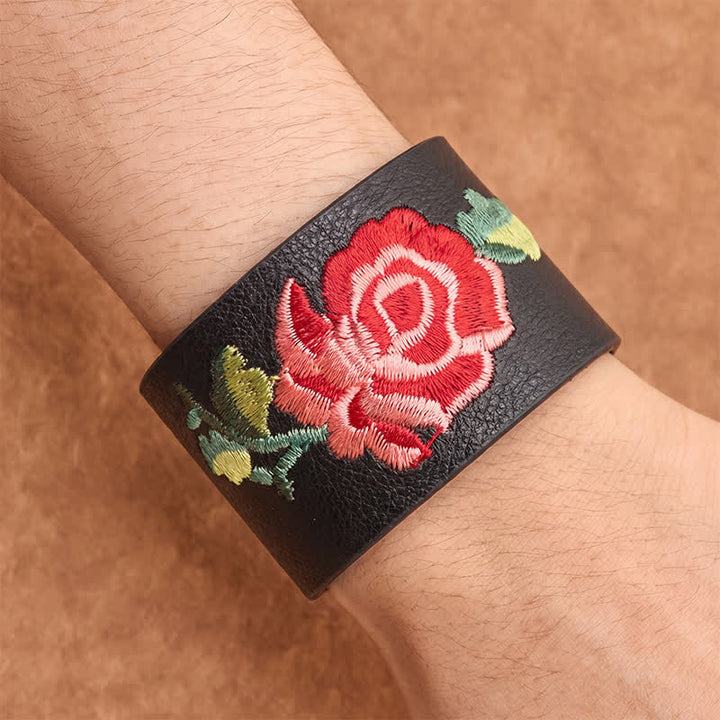 Buddha Stones Leather Embroidered Rose Wide Protection Buckle Bracelet - image 4