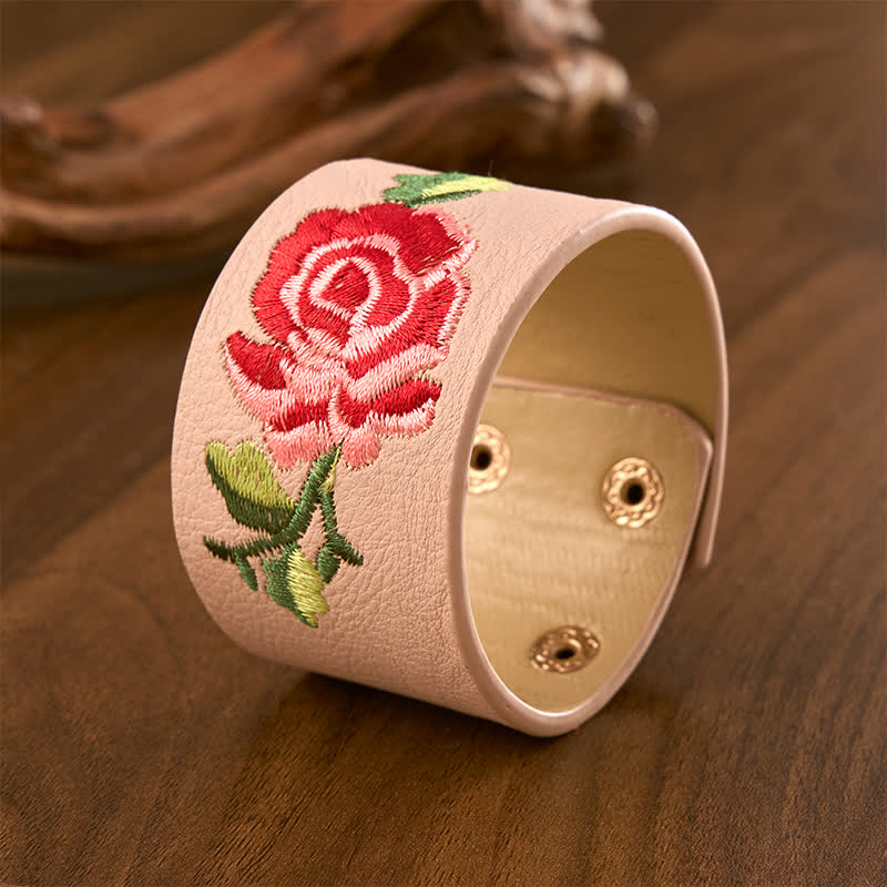 Buddha Stones Leather Embroidered Rose Wide Protection Buckle Bracelet - image 9
