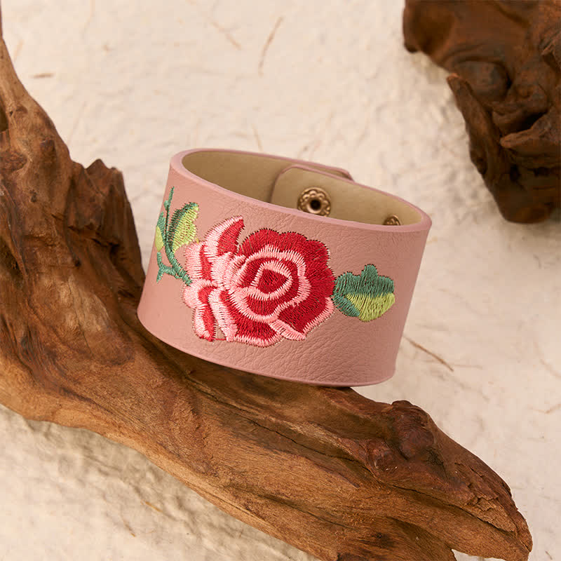 Buddha Stones Leather Embroidered Rose Wide Protection Buckle Bracelet - image 17