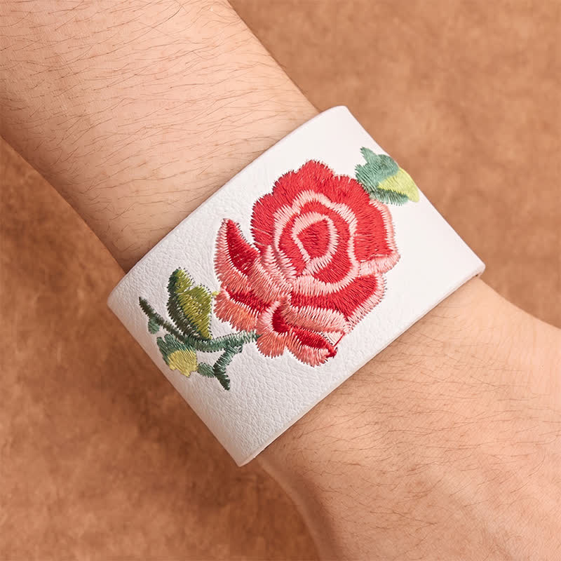 Buddha Stones Leather Embroidered Rose Wide Protection Buckle Bracelet - image 25