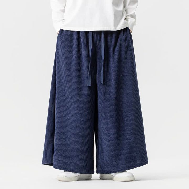 Buddha Stones Fall Winter Simple Classic Drawstring Solid Corduroy Ankle Pants Men's Wide Leg Pants With Pockets - MidnightBlue - US/UK/AU46，EU56 (5XL) - image 0