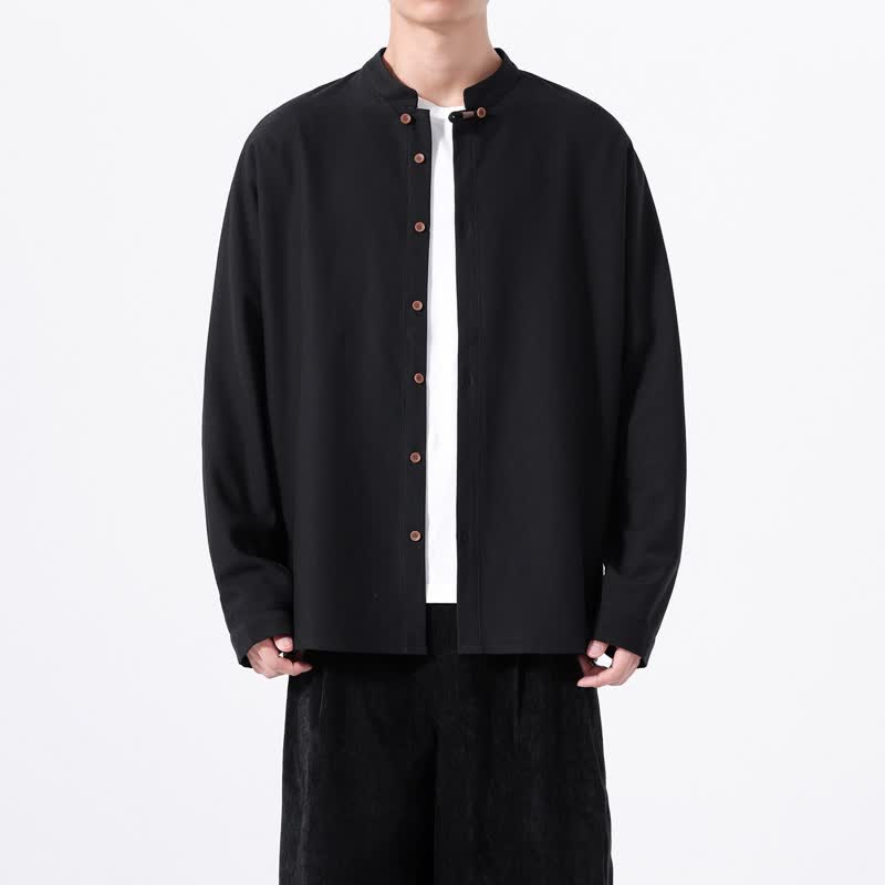 Buddha Stones Spring Casual Tang Style Button-Up Solid Men's Long Sleeve Shirts - Black - US/UK/AU46，EU56 (5XL) - image 9