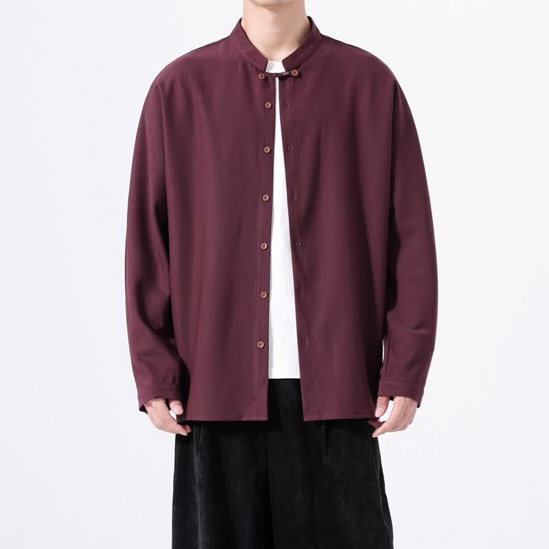 Buddha Stones Spring Casual Tang Style Button-Up Solid Men's Long Sleeve Shirts - Maroon - US/UK/AU46，EU56 (5XL) - image 17