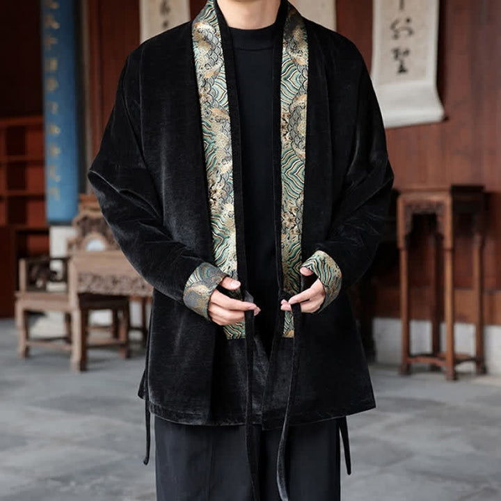 Buddha Stones Fall Winter Tang Style Vintage Drawstring Waves Trim Men's Kimono - image 1