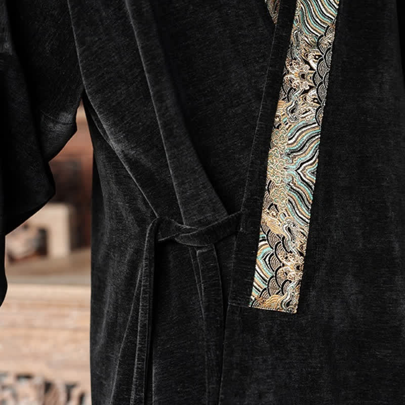 Buddha Stones Fall Winter Tang Style Vintage Drawstring Waves Trim Men's Kimono - image 9