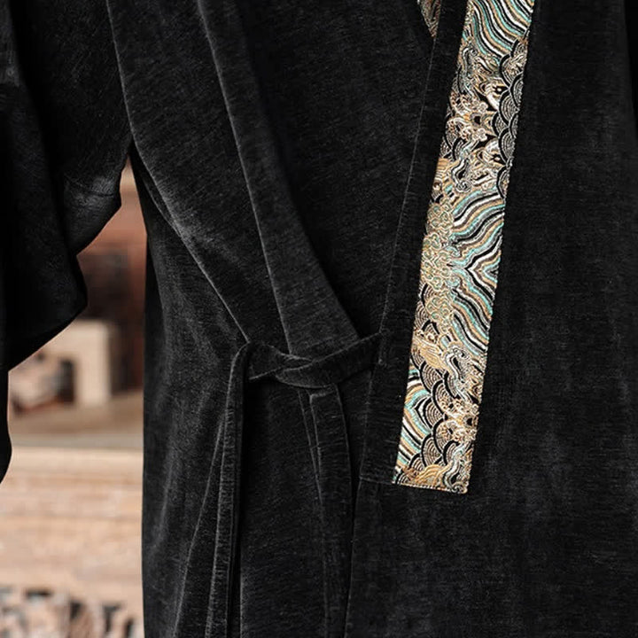 Buddha Stones Fall Winter Tang Style Vintage Drawstring Waves Trim Men's Kimono - image 9