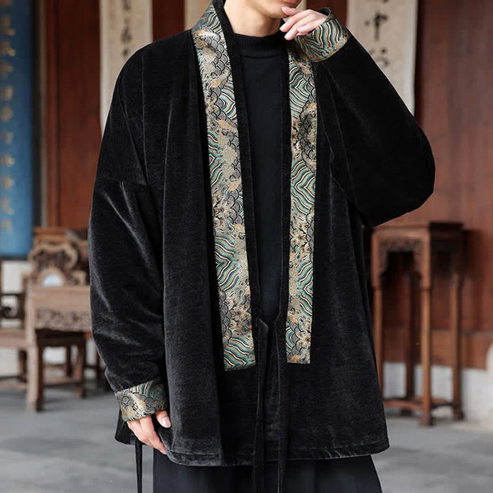 Buddha Stones Fall Winter Tang Style Vintage Drawstring Waves Trim Men's Kimono - image 3