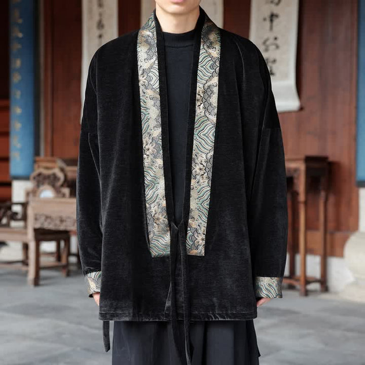 Buddha Stones Fall Winter Tang Style Vintage Drawstring Waves Trim Men's Kimono - image 6