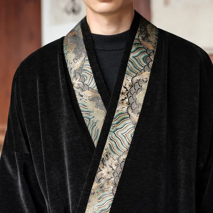 Buddha Stones Fall Winter Tang Style Vintage Drawstring Waves Trim Men's Kimono - image 8
