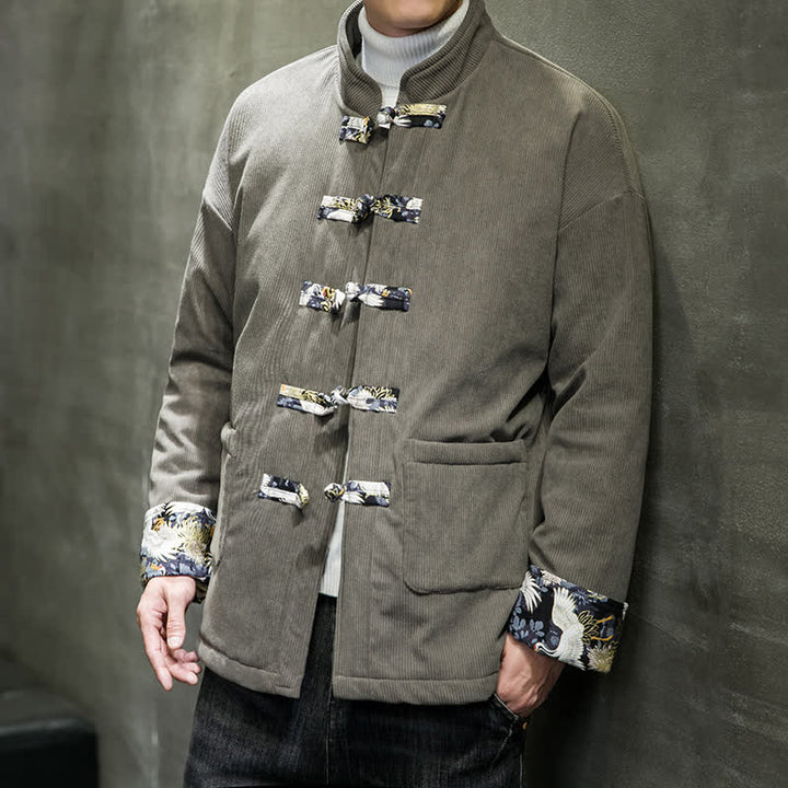 Buddha Stones Fall Winter Casual Tang Style Mandarin Collar White Crane Solid Men's Jacket With Pockets - SlateGray - US/UK/AU46，EU56 (5XL) - image 0