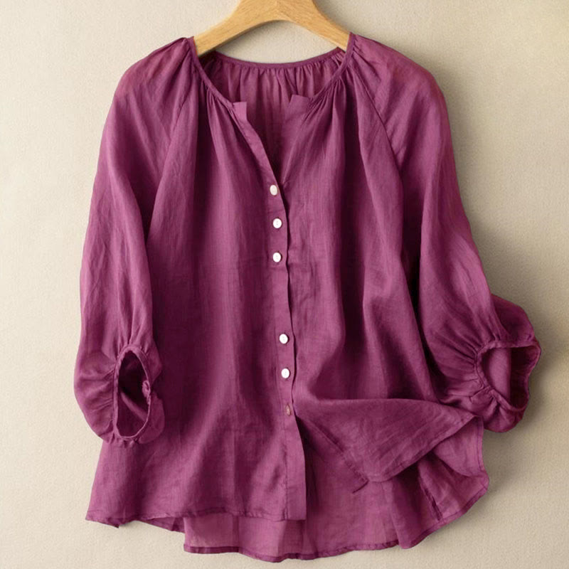 Buddha Stones Vintage Button Three Quarter Puff Sleeve V-Neck Women's Shirt - DarkMagenta - US14，UK/AU18，EU46 (4XL) - image 5