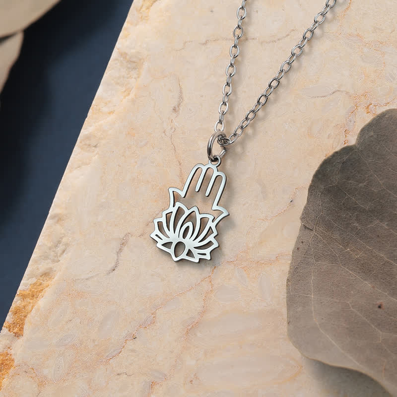 Buddha Stones Titanium Steel Lotus Hamsa Hand Protection Necklace - image 1