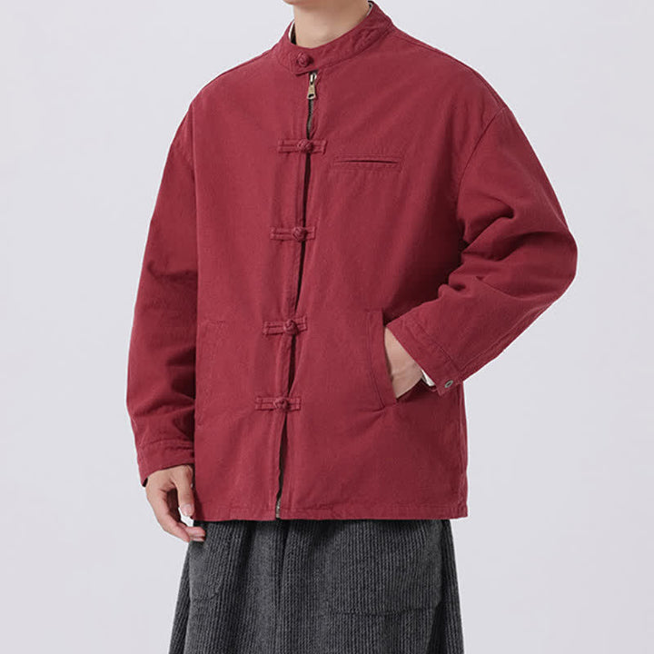 Buddha Stones Fall Winter Casual Vintage Tang Style Mandarin Collar Frog Button Zipper Design Solid Men's Jacket With Pockets - image 11
