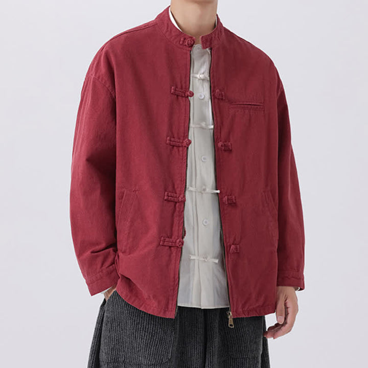 Buddha Stones Fall Winter Casual Vintage Tang Style Mandarin Collar Frog Button Zipper Design Solid Men's Jacket With Pockets - image 15