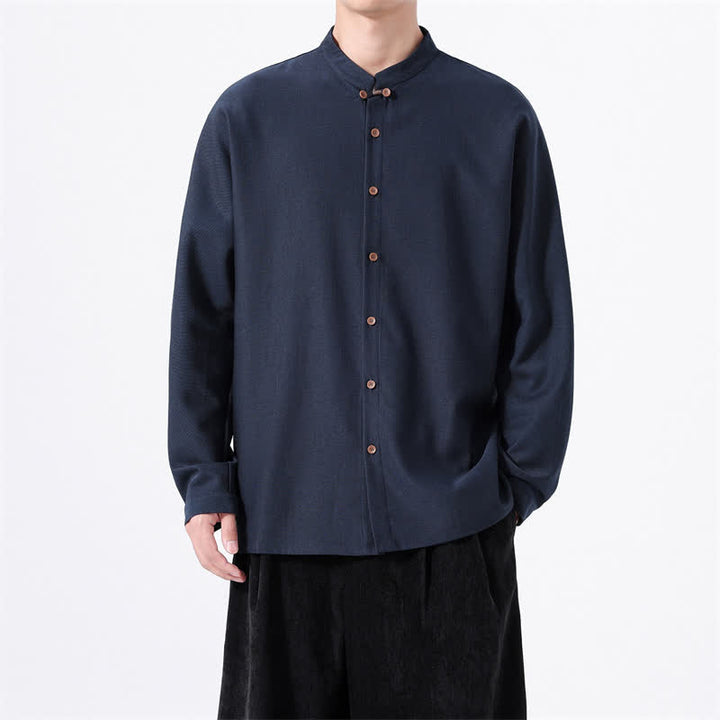 Buddha Stones Spring Casual Tang Style Button-Up Solid Men's Long Sleeve Shirts - image 6