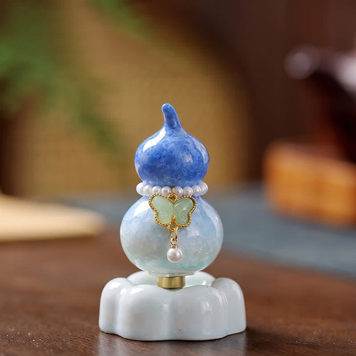 Buddha Stones Ceramic Butterfly Gourd Rotating Mindful Living Decor - Gourd Dark Blue+Light Green Butterfly+Blue Base - image 0