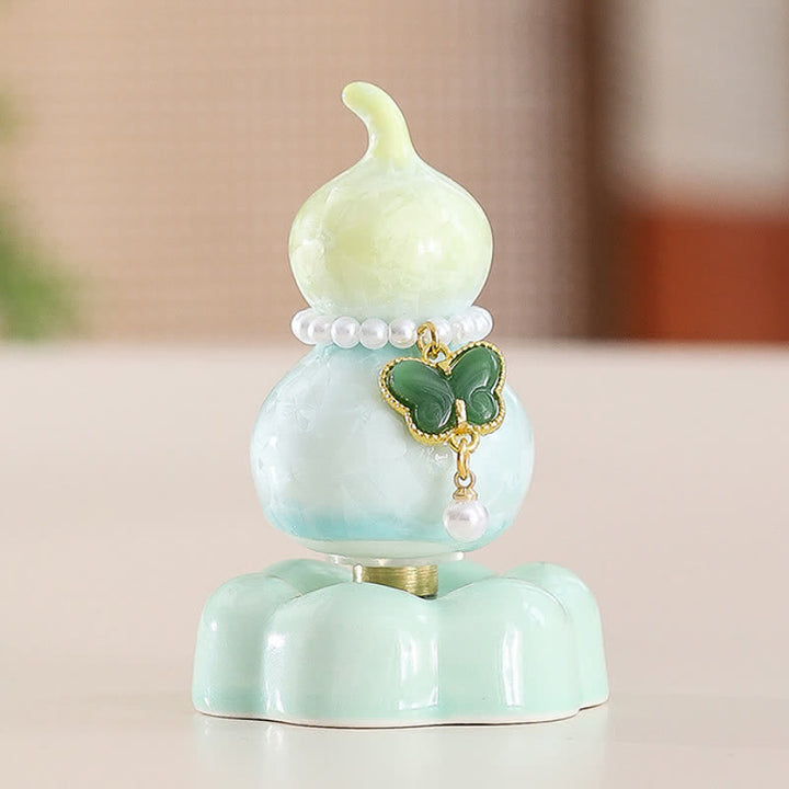 Buddha Stones Ceramic Butterfly Gourd Rotating Mindful Living Decor - Gourd Yellow+Dark Green Butterfly+Green Base - image 13