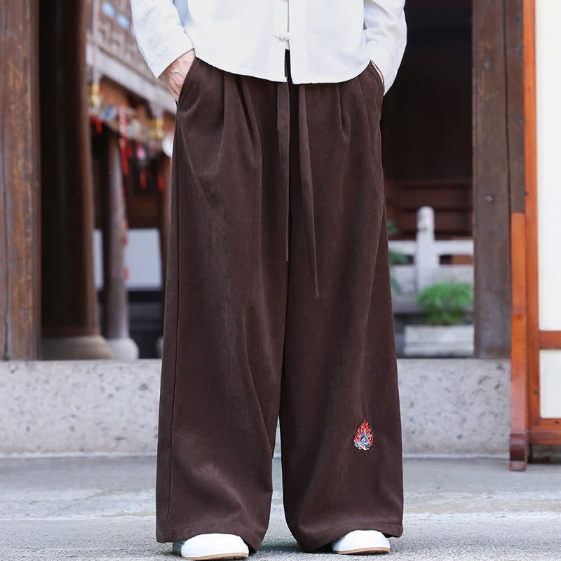 Buddha Stones Fall Winter Casual Vintage Drawstring Embroidery Solid Long Pants Men's Straight Leg Pants With Pockets - image 1