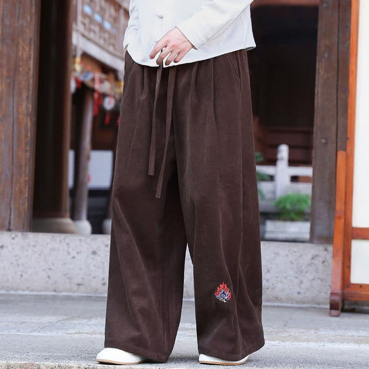 Buddha Stones Fall Winter Casual Vintage Drawstring Embroidery Solid Long Pants Men's Straight Leg Pants With Pockets - image 3